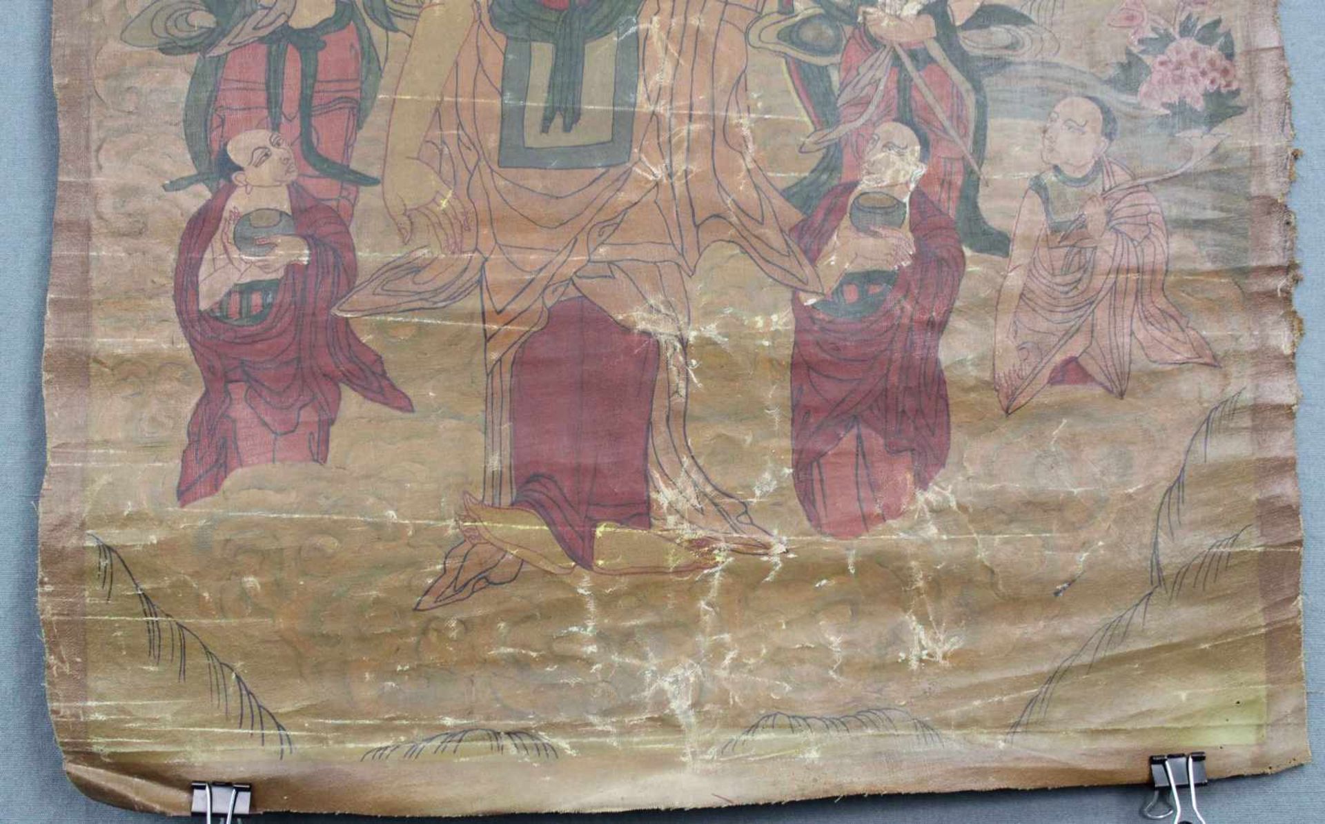 Buddha Thangka, ''Abstieg des Buddhas aus dem Himmel", China / Tibet alt.69 cm x 42 cm. Gemälde. - Bild 2 aus 5