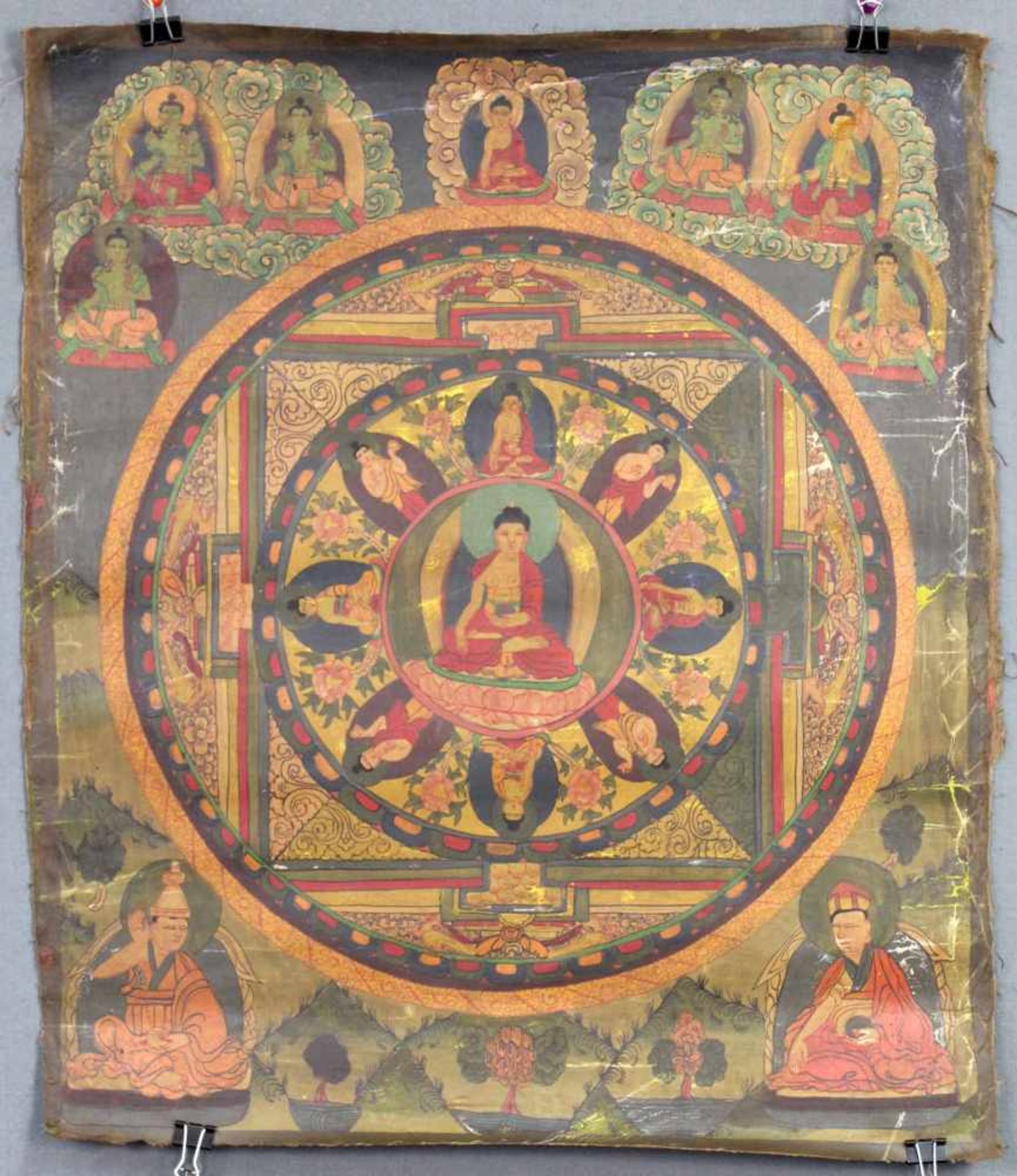 Buddha Mandala, China / Tibet alt.54,5 cm x 46 cm. Gemälde. Stilisierter äußerer Ring.