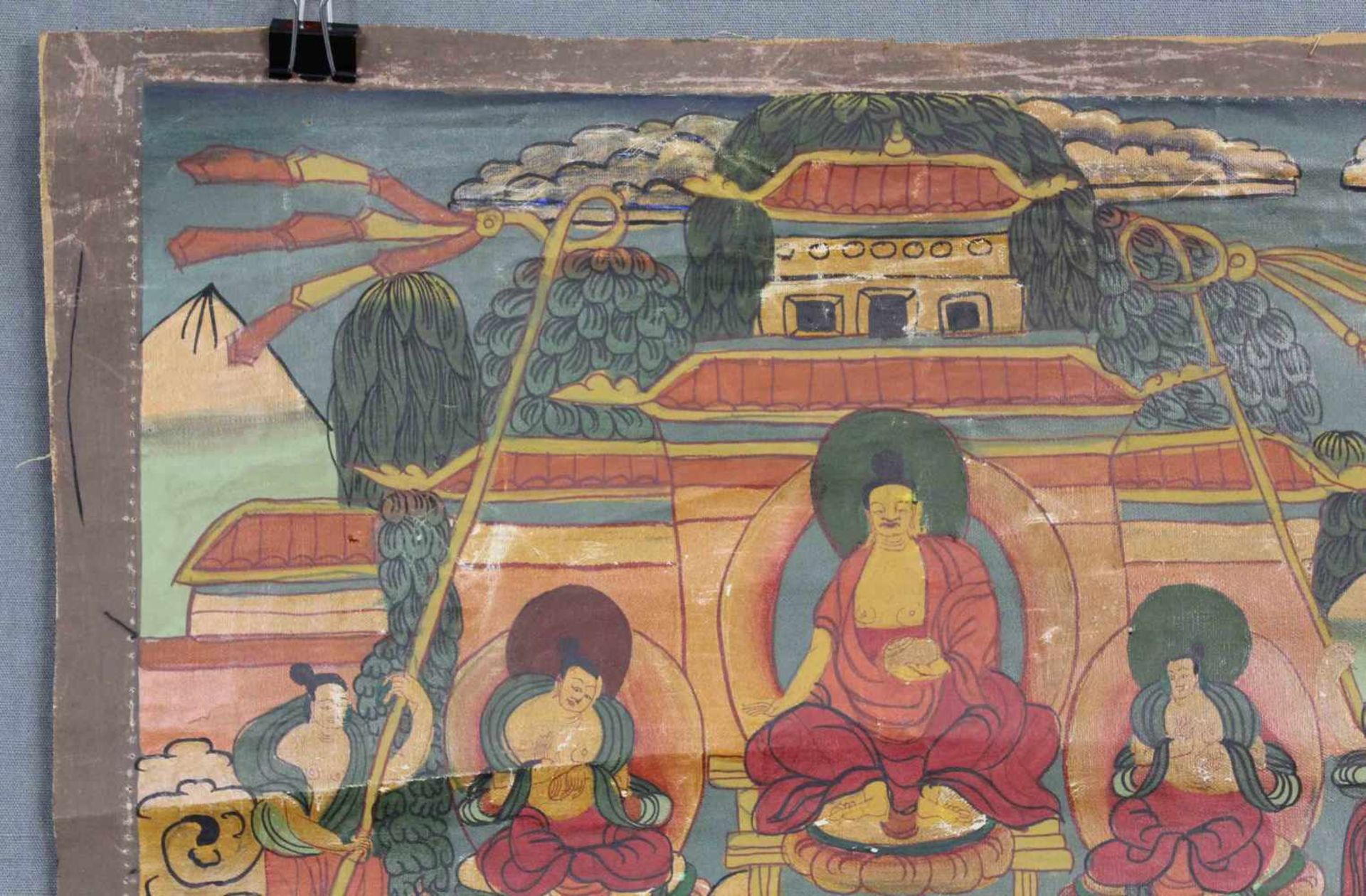 ''Das Herabsteigen aus dem Himmel'', Buddha Thangka, China / Tibet alt.69 cm x 42 cm. Gemälde. Auf - Image 5 of 9