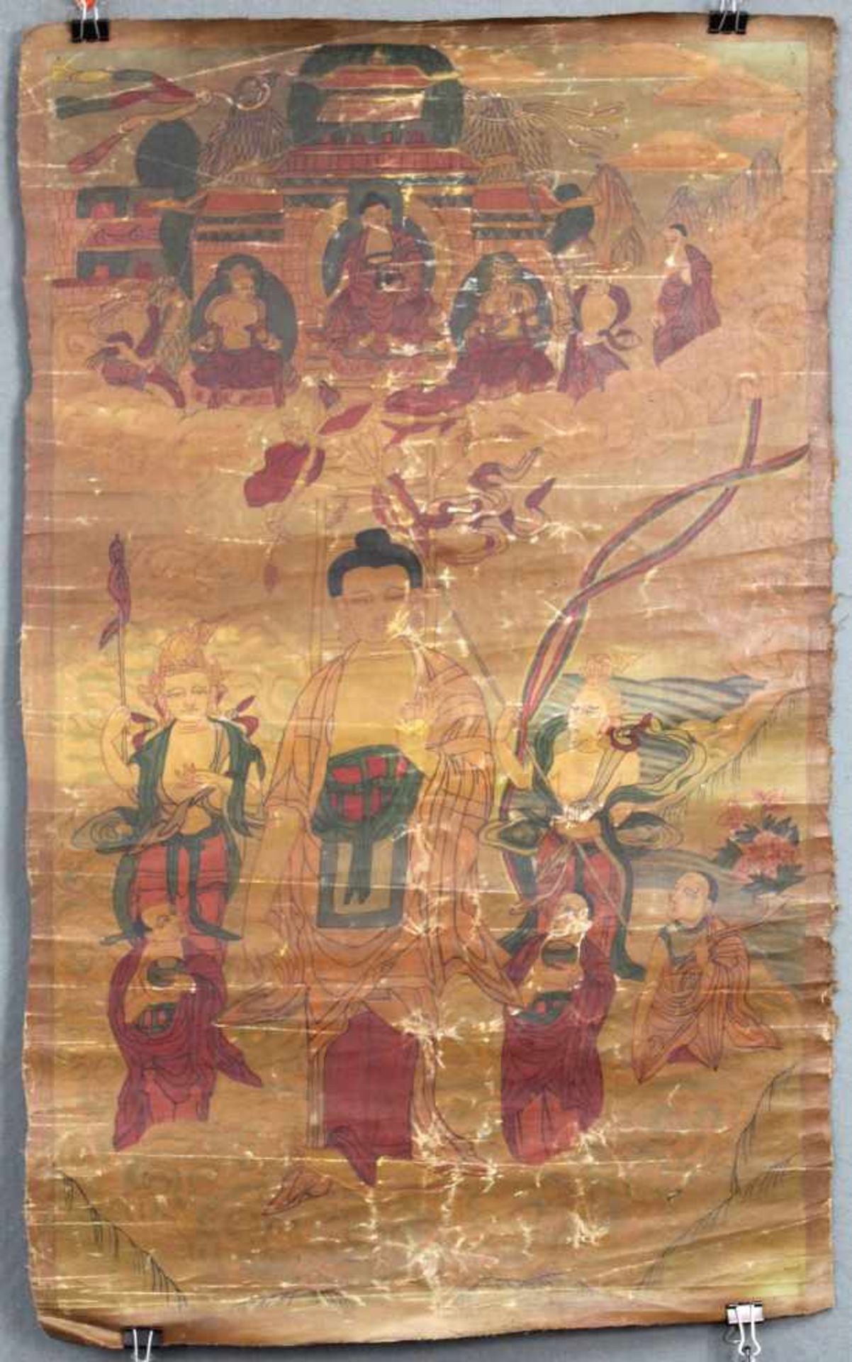 Buddha Thangka, ''Abstieg des Buddhas aus dem Himmel", China / Tibet alt.69 cm x 42 cm. Gemälde.