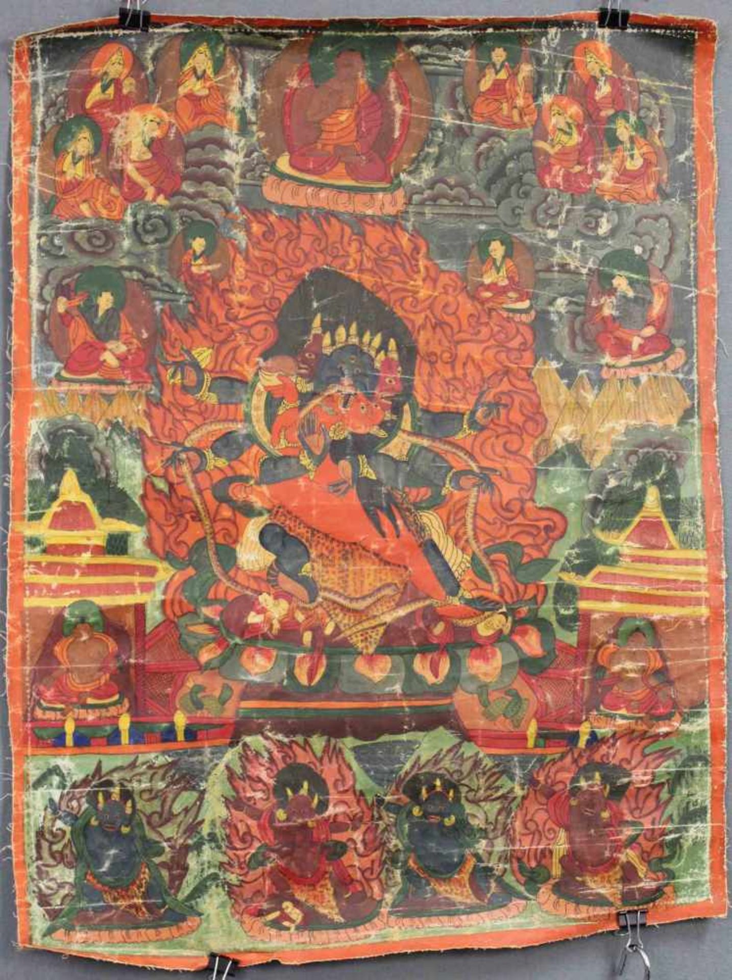 Thangka, China / Tibet alt. Wohl 6- armiger Mahakala.61,5 cm x 47 cm. Gemälde. Der Mahakala