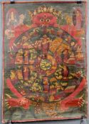 Bhavacakra Mandala, 6 Buddhas ?, Tangka, China / Tibet alt.65 cm x 46 cm. Gemälde. Lebensrad Mandala