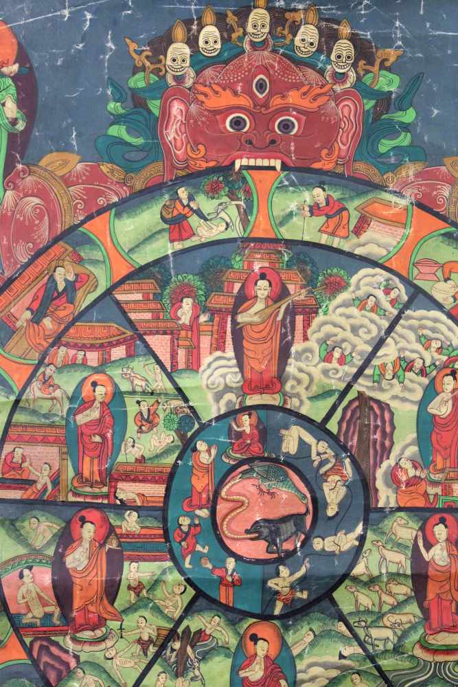 Bhavacakra, 6 Buddha Mandala, China / Tibet alt.61,5 cm x 45 cm. Gemälde. Lebensrad Mandala mit 6 - Image 2 of 8