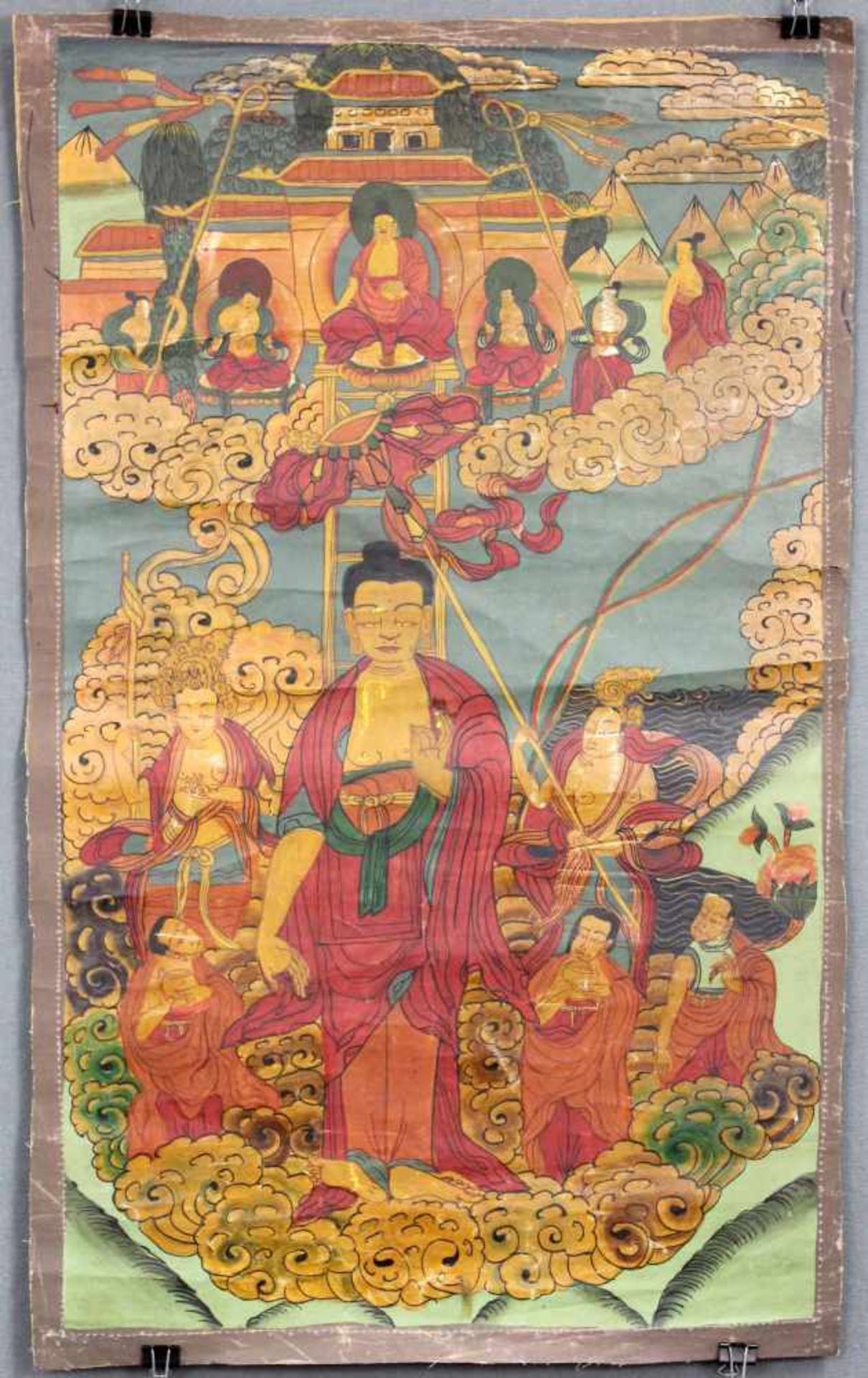 ''Das Herabsteigen aus dem Himmel'', Buddha Thangka, China / Tibet alt.69 cm x 42 cm. Gemälde. Auf