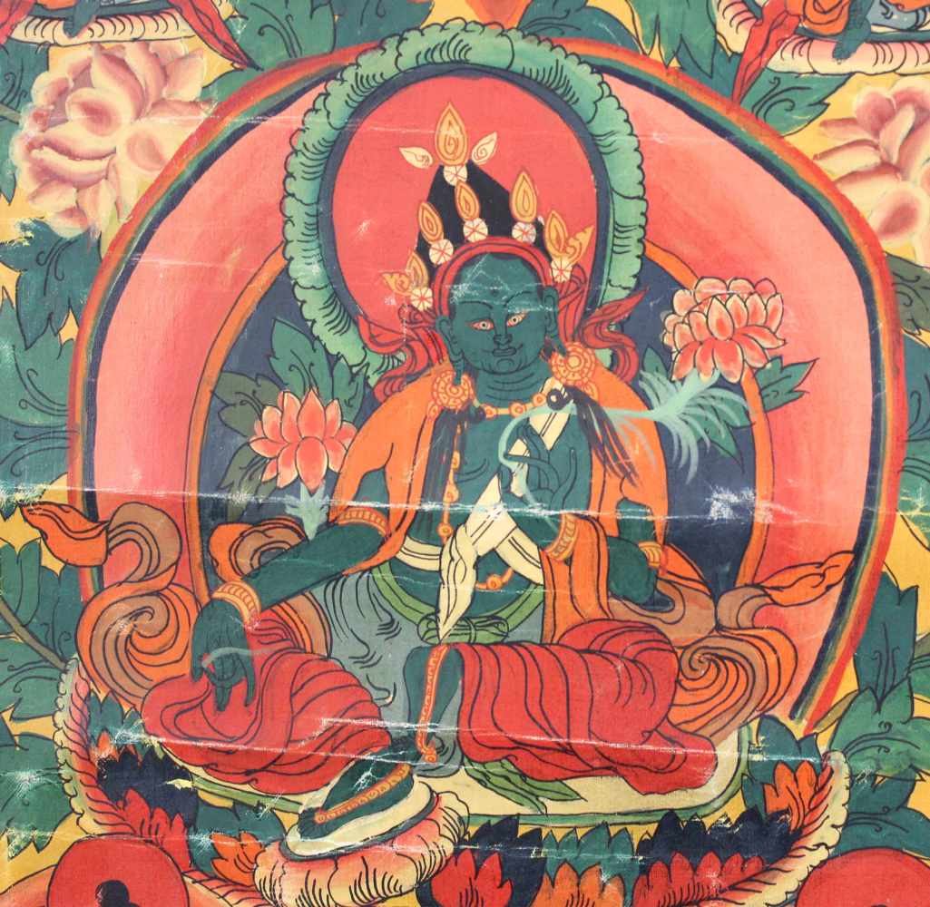 Amoghasiddhi ? Thangka, China / Tibet alt.58 cm x 44 cm. Gemälde.Amoghasiddhi ? Thangka, China / - Image 2 of 7
