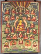 Shakyamuni Buddha, Thangka, China / Tibet alt.50,5 cm x 37,5 cm. Gemälde. Umringt von seinen