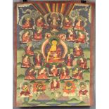 Shakyamuni Buddha, Thangka, China / Tibet alt.50,5 cm x 37,5 cm. Gemälde. Umringt von seinen