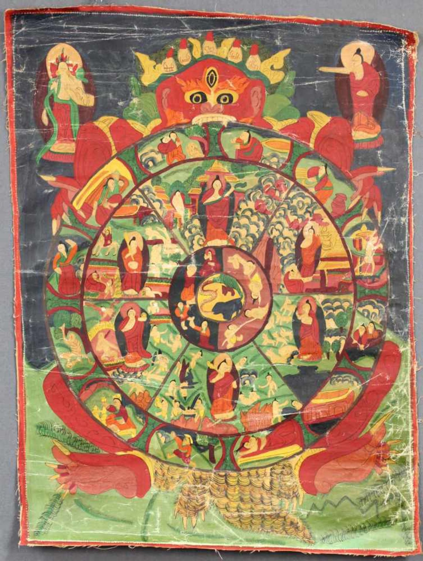 Bhavacakra Mandala, China / Tibet alt.64 cm x 48,5 cm. Gemälde. Lebensrad Mandala mit 6 Buddhas.