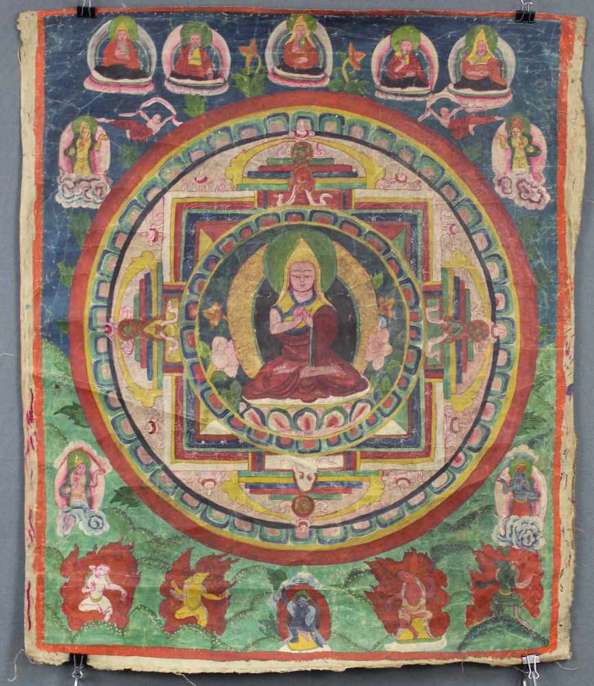 Buddha Mandala, China / Tibet alt.72 cm x 60 cm. Gemälde. Übergroße Darstellung des Buddha in der