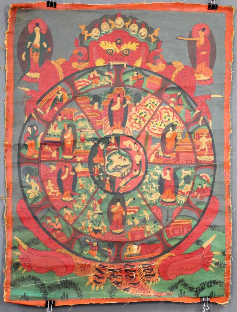 Bhavacakra Mandala, China / Tibet alt.63 cm x 47 cm. Gemälde. Lebensrad Mandala mit 6 Buddhas. Im