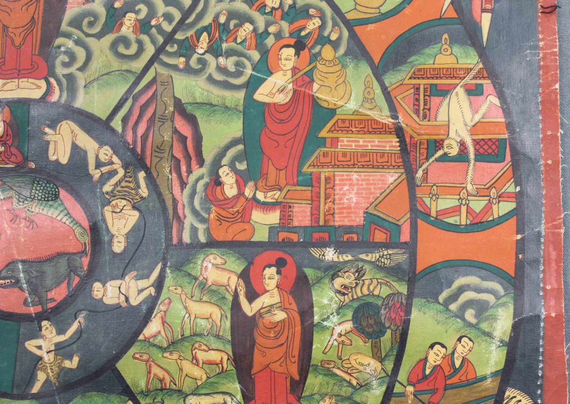 Bhavacakra Mandala, China / Tibet alt.59 cm x 44 cm. Gemälde. Lebensrad Mandala mit 6 Buddhas. Im - Image 7 of 11