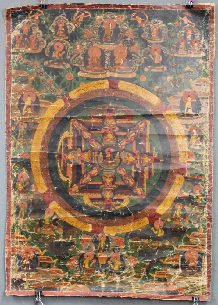 Mandala, China / Tibet alt. Die 3 Architekturkreise mit Aufrissbestandteilen.79 cm x 56 cm. Gemälde.