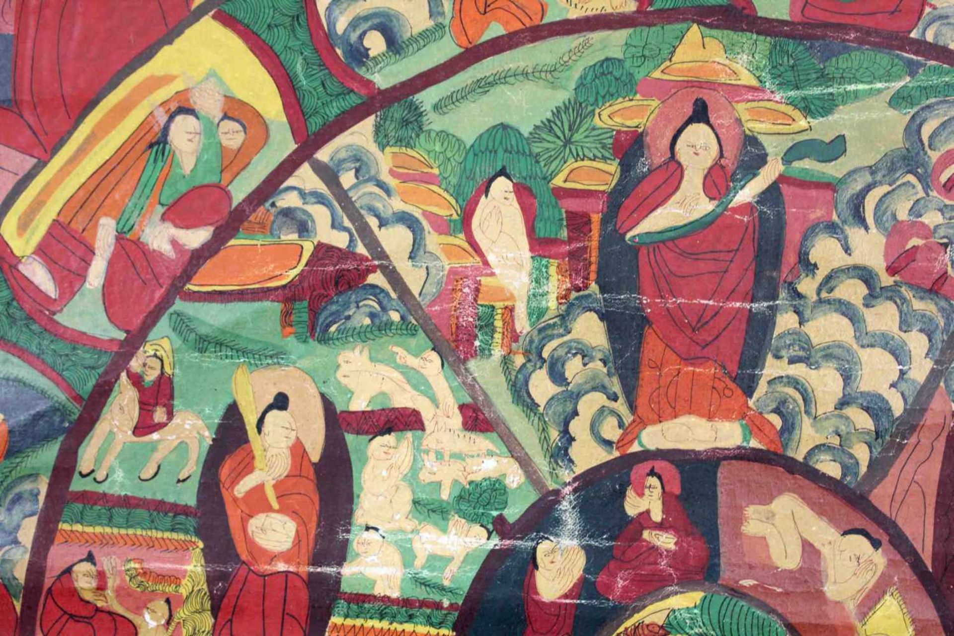 Bhavacakra Mandala, China / Tibet alt.64 cm x 48,5 cm. Gemälde. Lebensrad Mandala mit 6 Buddhas. - Image 4 of 11