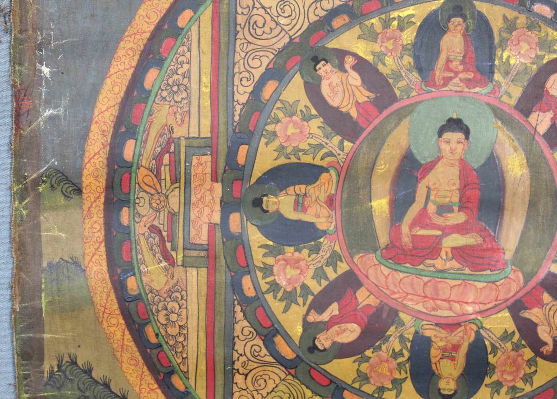 Buddha Mandala, China / Tibet alt.54,5 cm x 46 cm. Gemälde. Stilisierter äußerer Ring. - Image 6 of 11