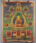 Buddha, Thangka, China / Tibet alt. Wohl Ratnasambhava.62 cm x 49 cm. Gemälde.Buddha, Thangka, China