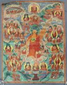 Thangka, ''Herabsteigen aus dem Himmel'', China / Tibet alt.65,5 cm x 50,5 cm. Gemälde.