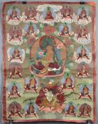 Grüne Tara af Lotusthron. Thangka, China / Tibet alt.60 cm x 46,5 cm. Gemälde. Begleitet wird die