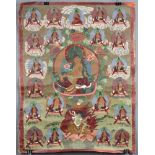 Grüne Tara af Lotusthron. Thangka, China / Tibet alt.60 cm x 46,5 cm. Gemälde. Begleitet wird die