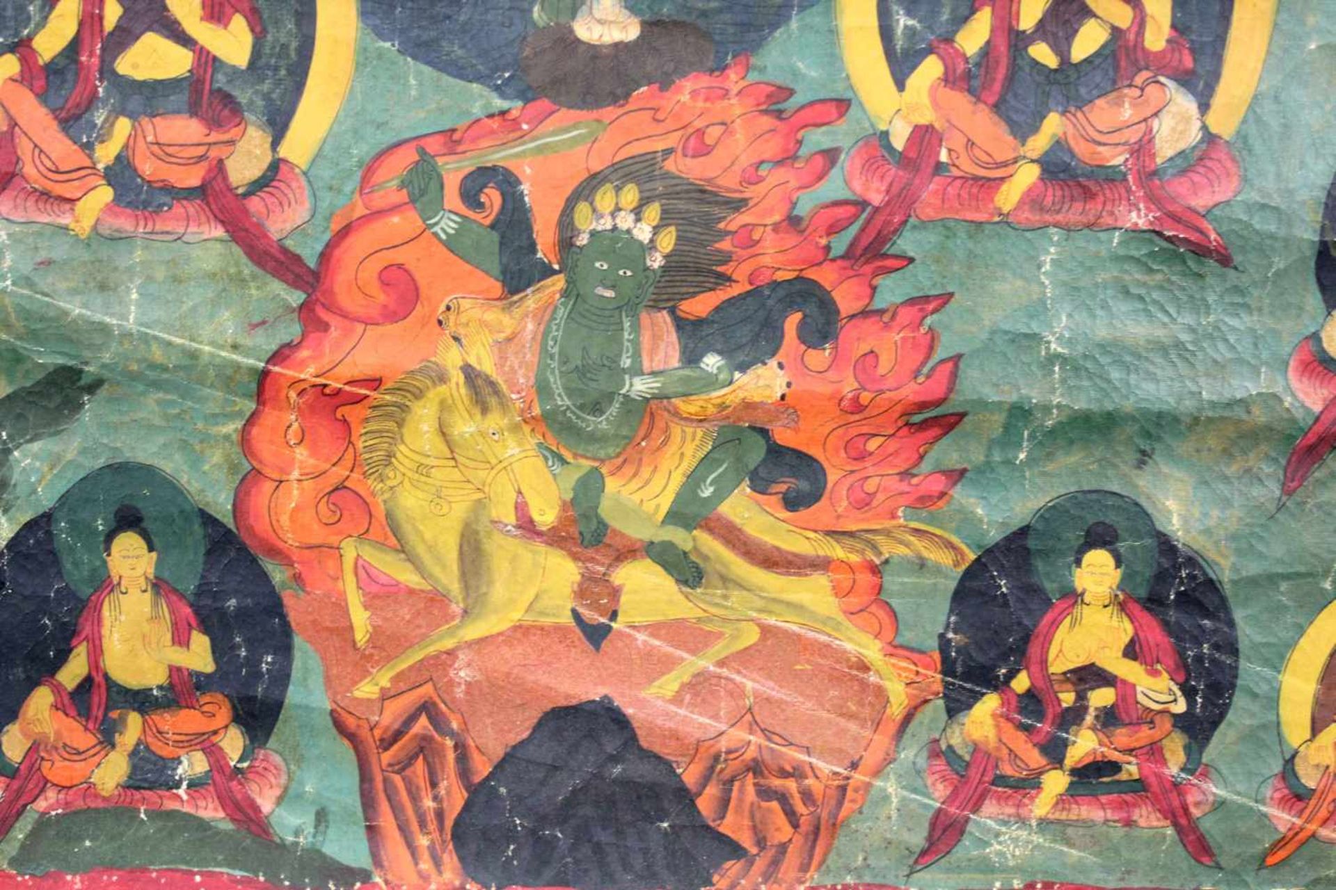 Tara ? in aktiver Pose auf dem Lotusthron. Thangka, China / Tibet alt.60 cm x 47 cm. Gemälde. Die - Image 9 of 10