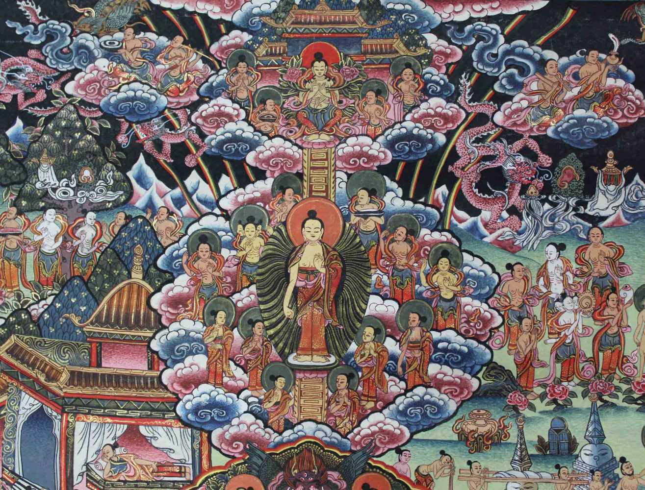 Buddha Thangka, wohl Darstellung des Guru Sakyasimha. China / Tibet alt.75 cm x 50 cm. Gemälde. - Image 4 of 6