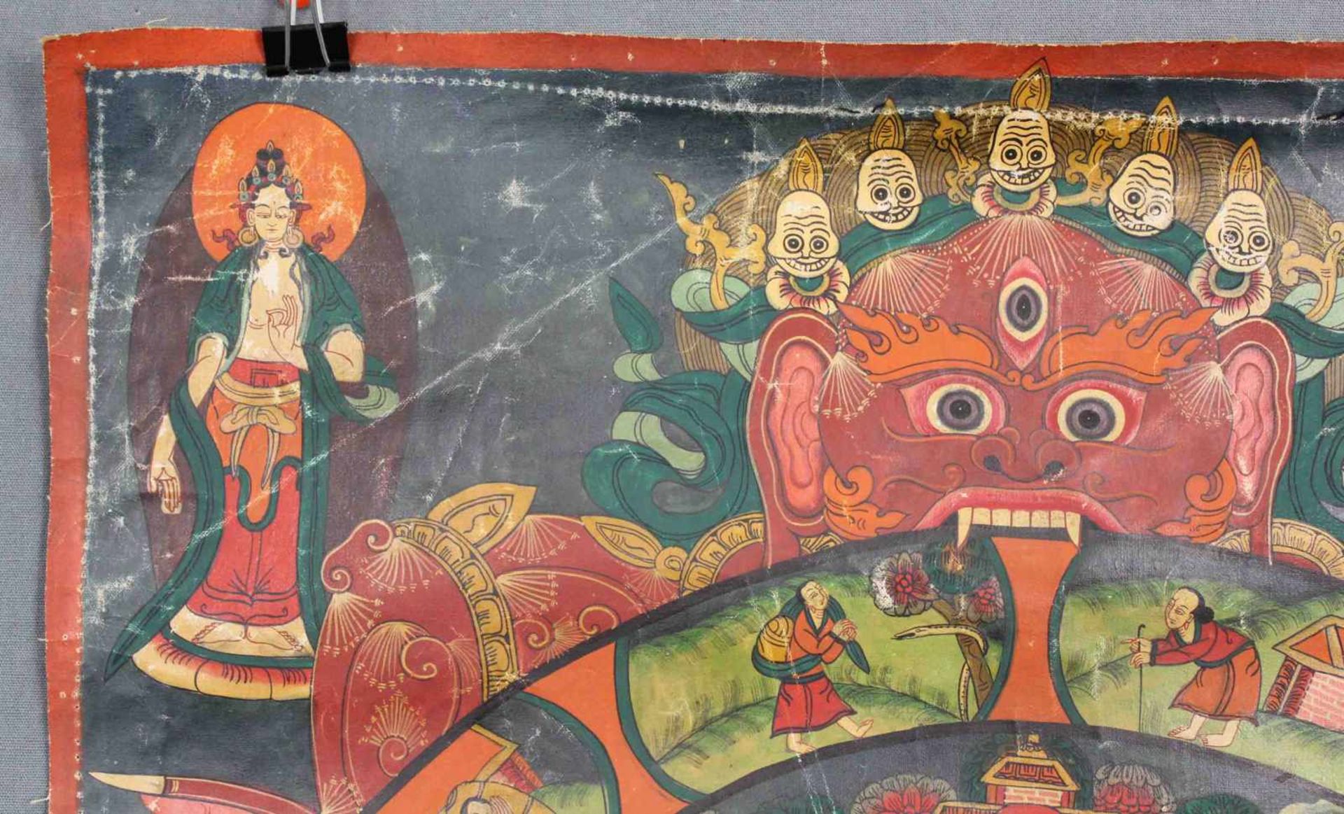 Bhavacakra Mandala, China / Tibet alt.59 cm x 44 cm. Gemälde. Lebensrad Mandala mit 6 Buddhas. Im - Image 8 of 11