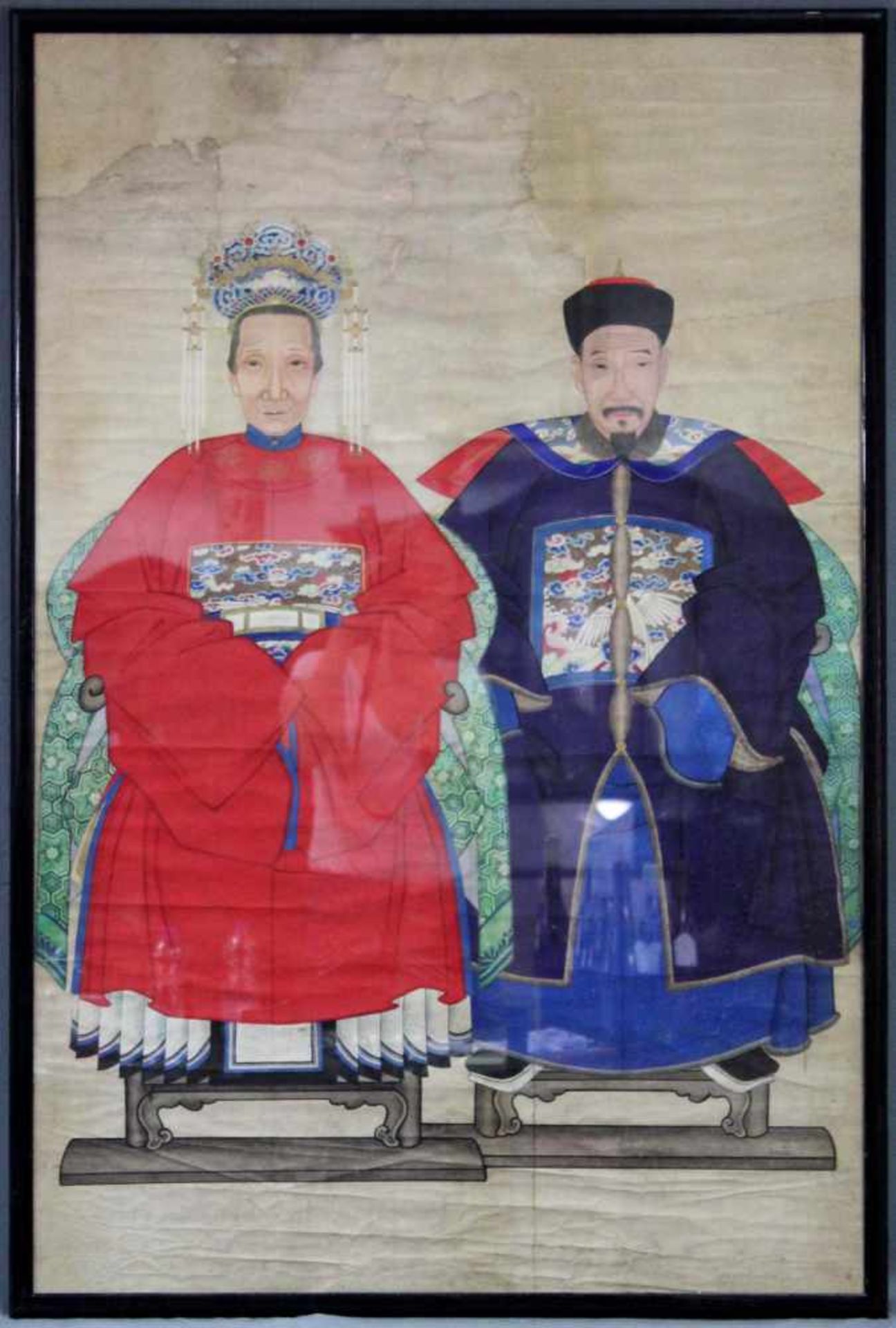 Ahnenbild. Ein Beamter und eine Frau. China.120 cm x 80 cm. Aquarell / Guache auf Papier, gemalt.