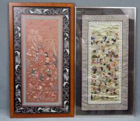 2 Seidenstickereien. China.Bis 67 cm x 35 cm.2 silk embroideries. China.Up to 67 cm x 35 cm.
