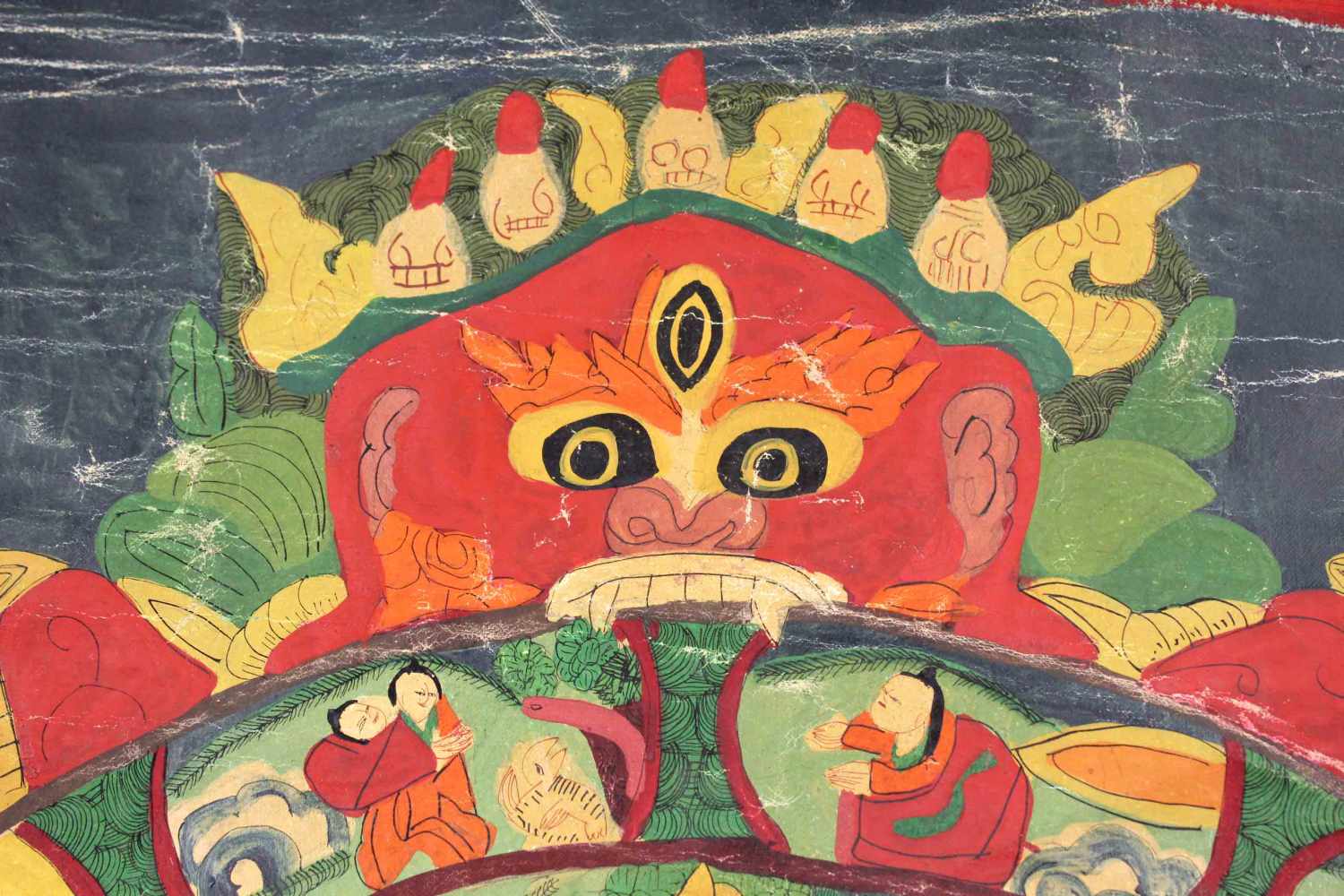 Bhavacakra Mandala, China / Tibet alt.64 cm x 48,5 cm. Gemälde. Lebensrad Mandala mit 6 Buddhas. - Image 6 of 11
