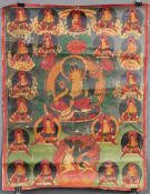 Tara auf Lotusthron sitzend mit begleitenden Schutzgottheiten. Thangka.58 cm x 44 cm. Gemälde. China