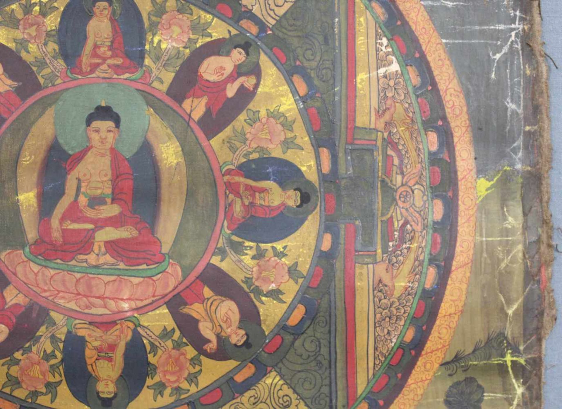 Buddha Mandala, China / Tibet alt.54,5 cm x 46 cm. Gemälde. Stilisierter äußerer Ring. - Image 8 of 11