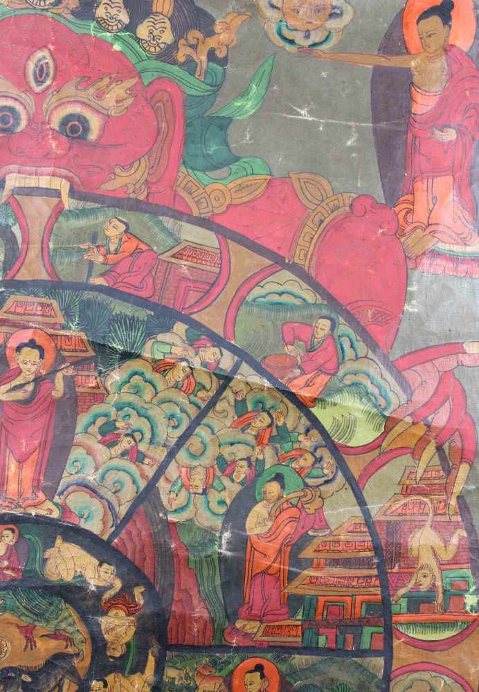 Bhavacakra Thangka, China / Tibet alt.60 cm x 46,5 cm. Gemälde. Lebensrad Mandala mit 6 Buddhas. - Image 2 of 7