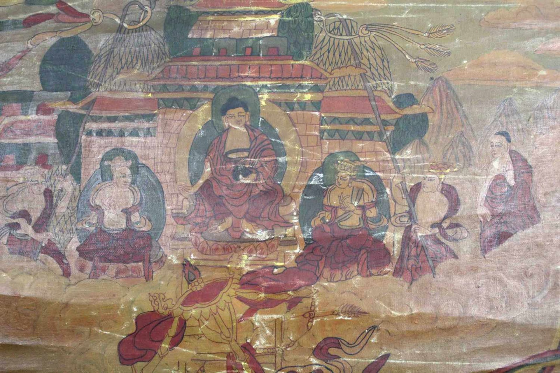 Buddha Thangka, ''Abstieg des Buddhas aus dem Himmel", China / Tibet alt.69 cm x 42 cm. Gemälde. - Bild 4 aus 5