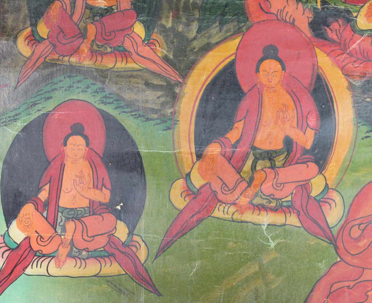 Gelbe Tara ? Auf Lotusthron. Thangka, China / Tibet alt.59 cm x 45 cm. Gemälde.Yellow Tara ? On a - Image 4 of 6