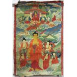 Buddha Thangka, '' Herabsteigen aus dem Himmel'', China / Tibet alt.68 cm x 43 cm. Gemälde.