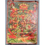 Bhavacakra Mandala, China / Tibet alt.65 cm x 47 cm. Gemälde. Lebensrad Mandala mit 6 Buddhas. Im