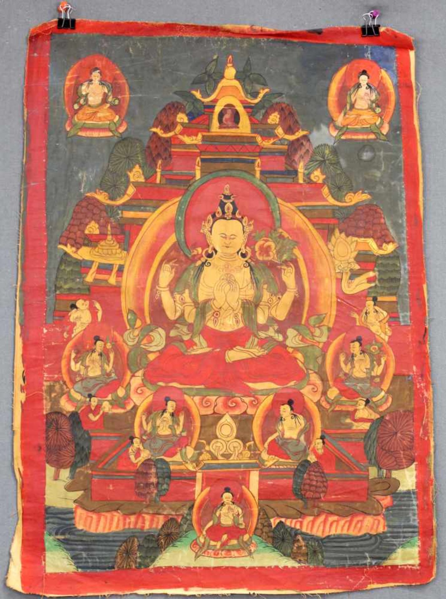 Buddha Thangka, sitzend vor Palast. China / Tibet alt.64 cm x 47 cm. Gemälde.Buddha Thangka, sitting