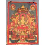 Buddha Thangka, sitzend vor Palast. China / Tibet alt.64 cm x 47 cm. Gemälde.Buddha Thangka, sitting