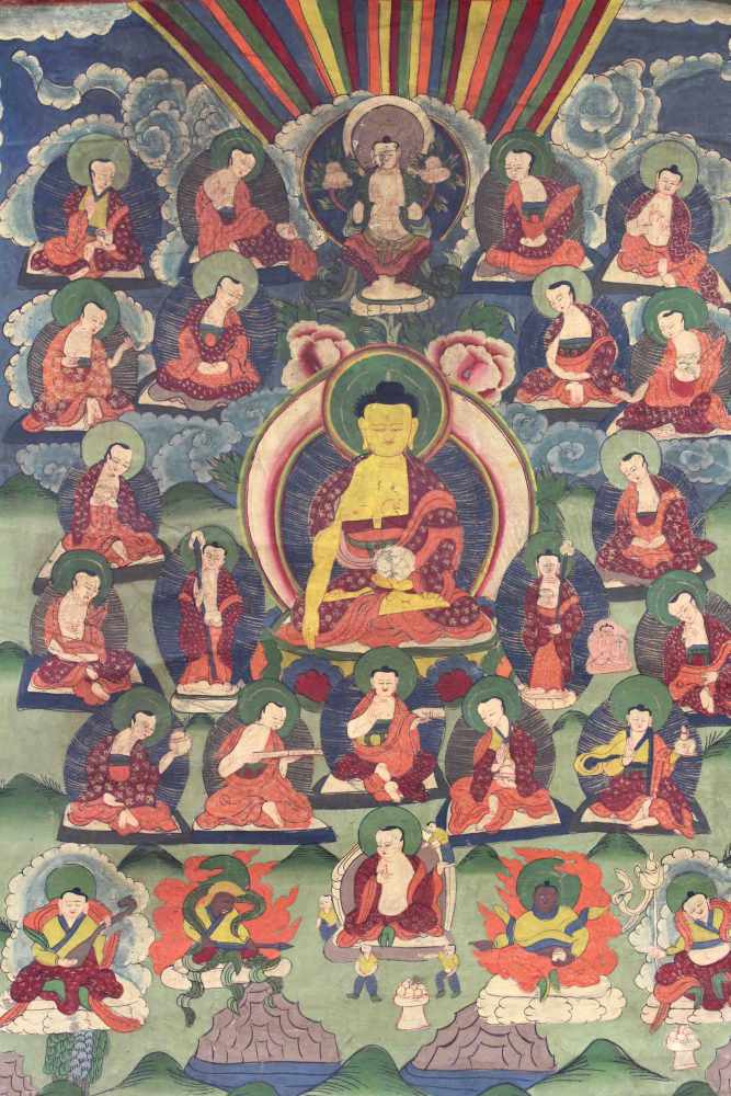 Shakyamuni Buddha, Thangka, China / Tibet alt.50,5 cm x 37,5 cm. Gemälde. Umringt von seinen - Image 2 of 6