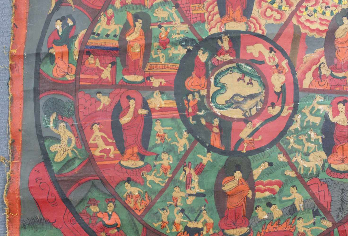 Bhavacakra Mandala, China / Tibet alt.63 cm x 47 cm. Gemälde. Lebensrad Mandala mit 6 Buddhas. Im - Image 6 of 10