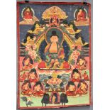 Thangka, China / Tibet alt. Buddha sitzend auf Lotusthron.62,5 cm x 43 cm. Gemälde.Thangka,