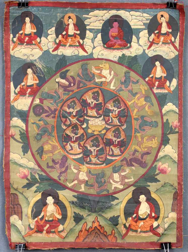 6 Initations Gottheiten Mandala, wohl Guyasamaja - Aksobhya ? China / Tibet alt.47,5 cm x 35 cm.