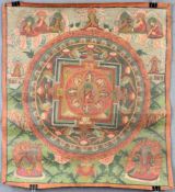 Mandala, China / Tibet alt.49 cm x 44 cm. Gemälde. Vierköpfiger Buddha im Zentrum umgeben von 8