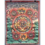 Garuda- Hevajra Mandala, China / Tibet alt.62 cm x 47 cm. Gemälde. Weit gestellt in einem grüngrauen