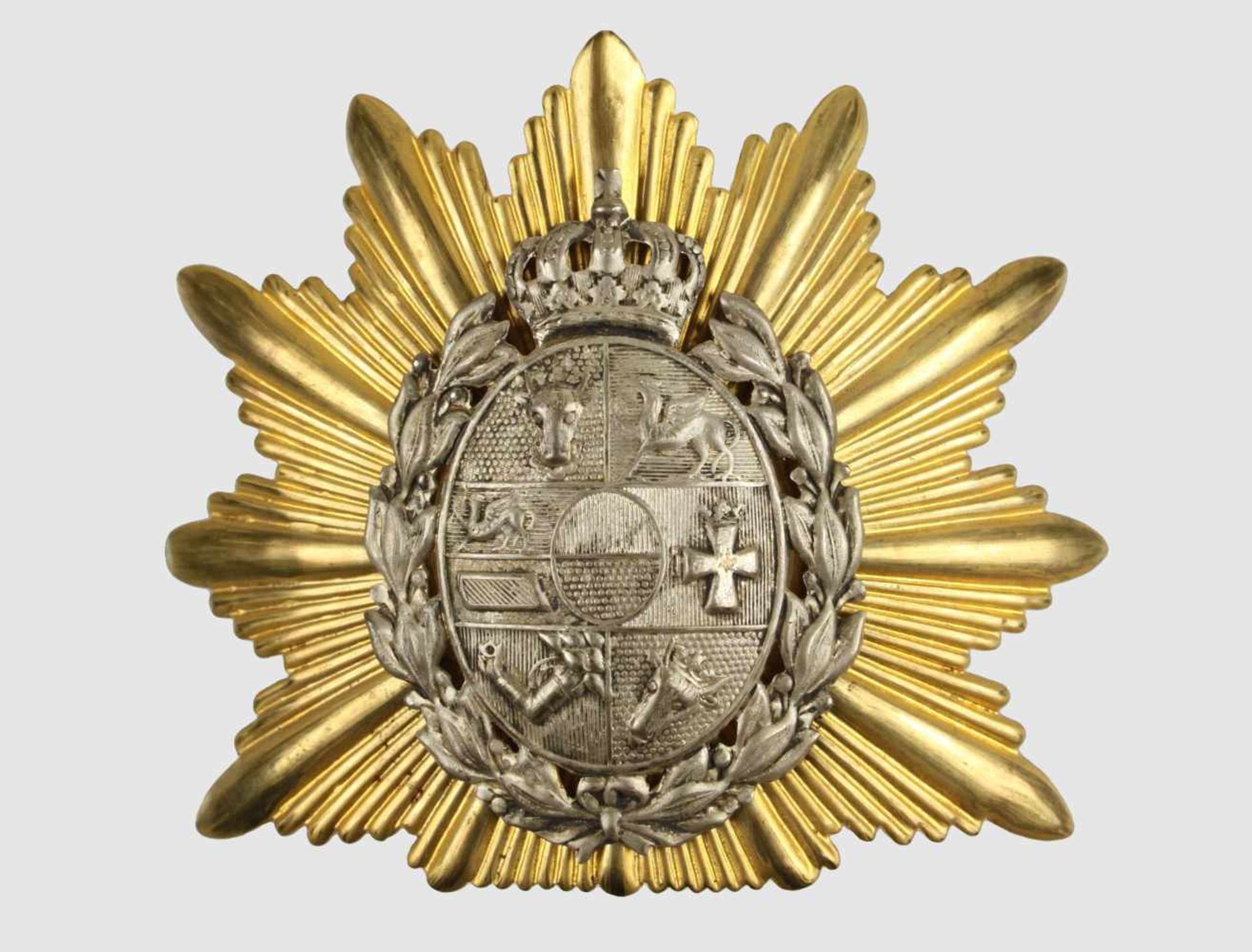 Mecklenburg- Schwerin, Emblem für Offizierstschakos, Stern vergoldet und versilbert, an Splinten II