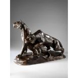 Große Bronze Tigerpaar von Georges Gardet (1863-1939). Bronze patiniert, auf felsenartig