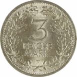 Weimarer Republik,3 Reichsmark, Kursmünze, 1931 F, Stempelglanz. Jaeger 349.