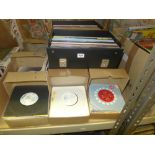 Five small boxes of 7 in singles, mainly 1970/80s rock and pop, and two record cases of 12 in LPs [