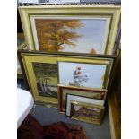 A collection of seven framed oils, prints, and a drawing (7) [by silver shelves] ONLINE BIDDING IS