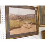 A large coloured golfing photograph of a bunker shot signed by Tom Watson, Jack Nicklaus and A