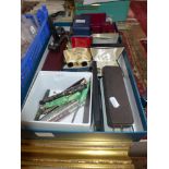 A box lid containing old fountain pens and Parker biros, watches, cuff-links, etc. ONLINE BIDDING IS